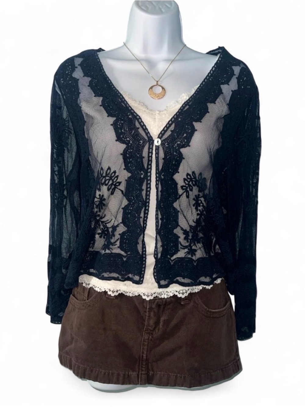 Cottage core Lace Sheer V-Neck Cardigan - Navy